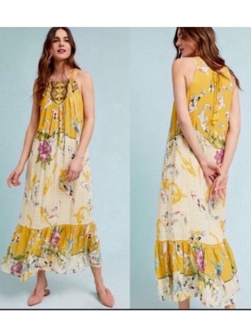 Anthro One September Paradiso Halter Maxi Dress Embroidered yoke Medium